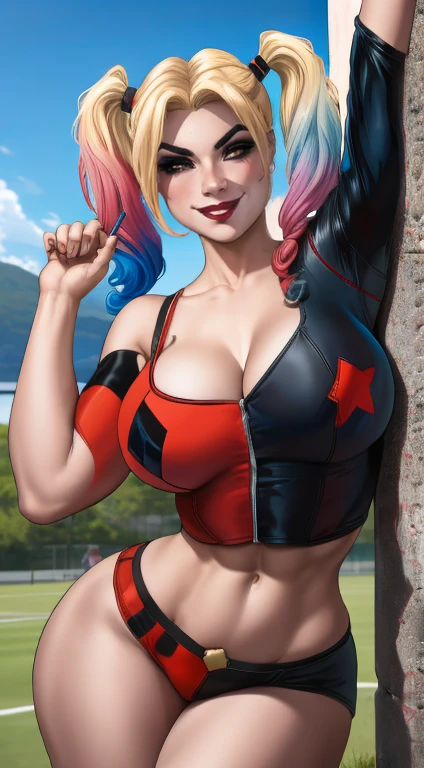 (obra de arte, Melhor qualidade:1.2), Harley Quinn (Renascimento), 1 garota, Sozinho, twintails, shorts, jaqueta, cabelo ruivo, cabelo multicolorido, luvas, inventar, seios, fingerless luvas, umbigo, olhos azuis, barriga, batom, cabelo preto, tennis, sapato, joelheiras, short curto, decote, cabelo gradiente(best quality:1.3), (4K quality),  ((detailed face)),((smile)), ((curvy body)), (big breasts), sexy, (( long hair )), ((blue sky)), looking at viewer, , blond hair, gradient pink hair, gradient blue hair, 1girl, arm strap, arm up, bare shoulders, clothes, breasts, cloud, colored tips, cowboy shot, cutoffs, gradient hair, halterneck, highleg,, large breasts, looking at viewer,  midriff, nail polish,, outdoors, mascara, medium hair, big breasts, fat breasts, full body, thick thighs