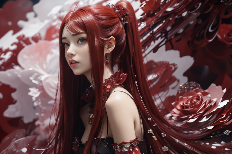 A young woman with very long red twintails, Perfect proportions, (defined eyes, eye correction), Beautiful facial features, garden of red crystal roses, Definition and sharpness of textures, posing sitting for a photo, side view, (Abstract art:1.6), (Delicate images), (Highly detailed), (high resolution), (Best quality), (masterpiece)