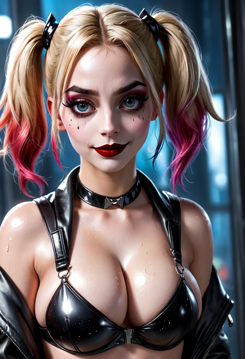 Harley Quinn, offener Mund, sexy Pose, Perfect body, offene Leder Jacke, 8k, perfekt, POV, Meisterwerk, Betrachter anschauen, harte brustwarzen, sexy Ausstrahlung, good quality, eregter blick, harte nippel, perfekte Augen, perfektes Gesicht, slip lugt hervor, will sex haben, will ficken, ist sehr eregt, Arkham knight,Harley quinn Hose, orgasmus, ernster Blick, feuchte Haut, schwitzen, wet body, Arm hinter Kopf, transparent bra,