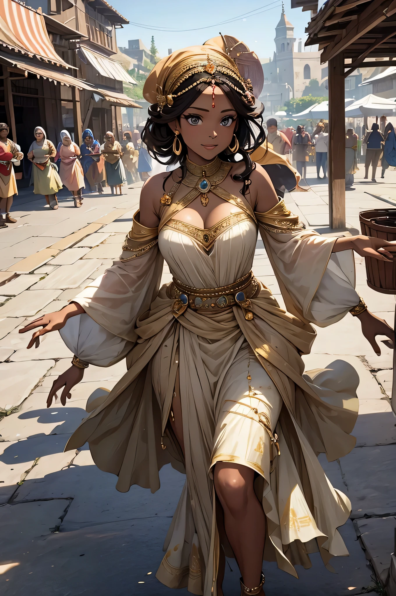 Depict Princess Adanna interacting with her subjects in a bustling marketplace. She should have a warm and friendly demeanor as she distributes food and supplies to the villagers. Show diverse characters with expressions of gratitude and happiness.