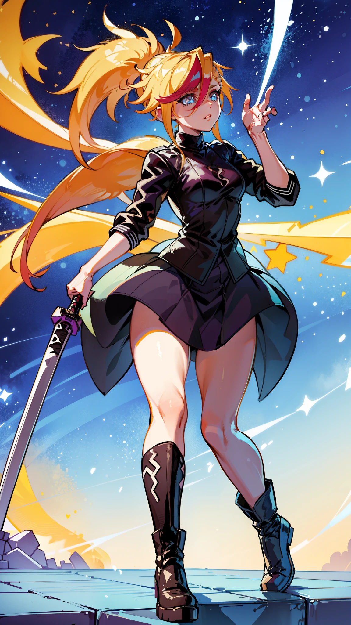 1 girl, ultra long hair, ultra detailed face, glowing lips, glowing blue eyes, very long ponytail, elegant walk, catwalk, holding down a  giant katana, blonde, long eyelashes, long boots , looking to the sky, starry sky, a ultra giant katana 