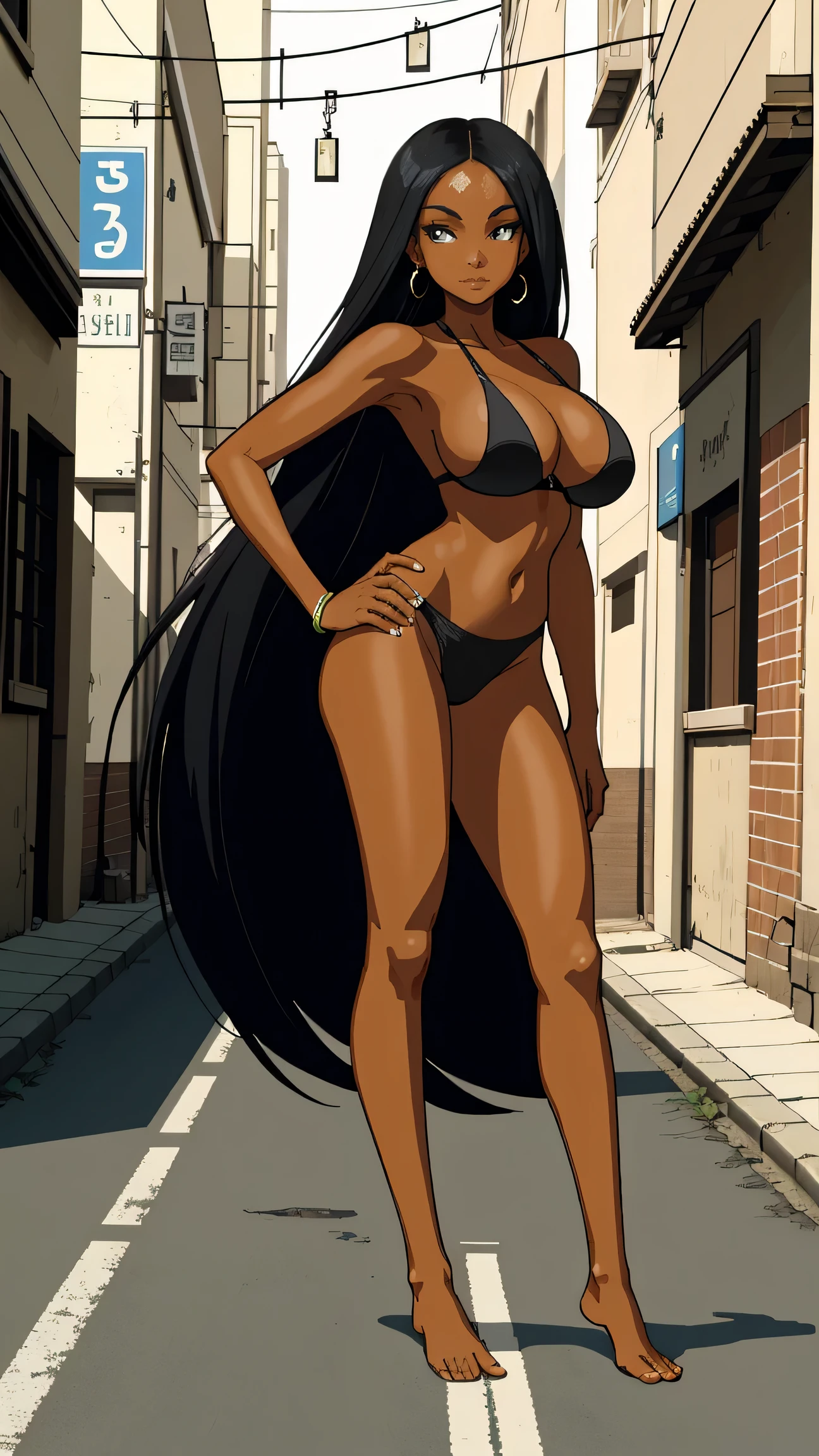 Masterpiece, best quality, high resolution, 1 woman, black skin , long black hair , naked , abdomen , big breasts, Long legs , Barefoot , Stand with feet hips..... , alley , roadside 