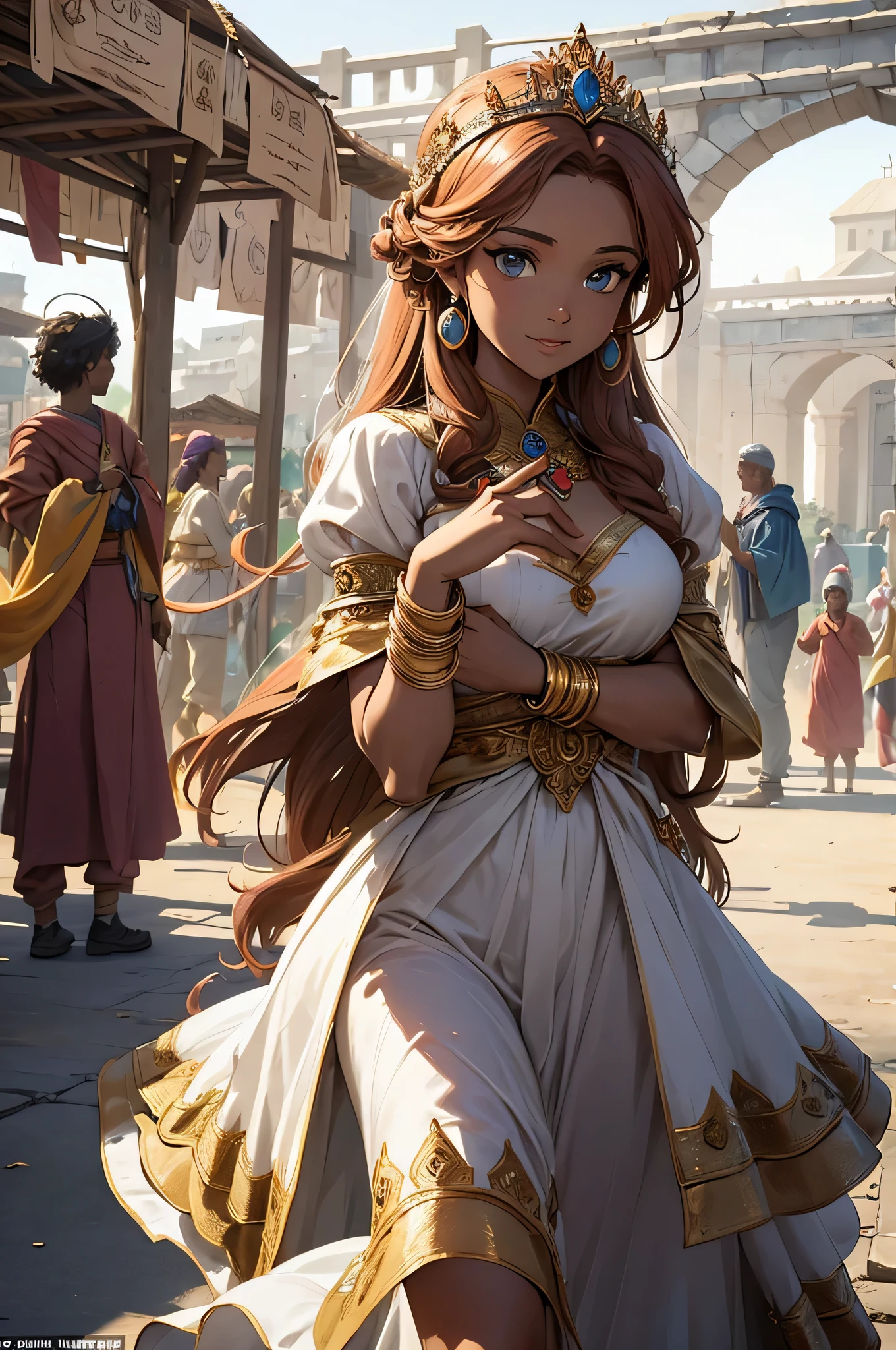 Depict Princess Adanna interacting with her subjects in a bustling marketplace. She should have a warm and friendly demeanor as she distributes food and supplies to the villagers. Show diverse characters with expressions of gratitude and happiness.