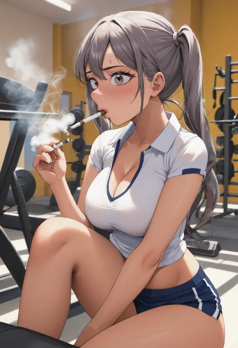 a school girl smoking cigarettes rapidly while masturbating, the cigarette ash is growing very long, the cigarette ash is very long, sucking very hard on the cigarette, lots of cigarette smoke, lots of cigarette ash, gym girl, pain, agony, ash everywhere, disgusting slut