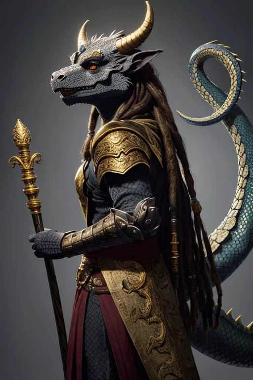 The best image of a necromancer dragonborn with black scales, the thin face of a serpent, dreadlock hair, golden eyes, large horns in the backhead, a long tail, who looks like a humanoid dragon, simple clothes and a staff
