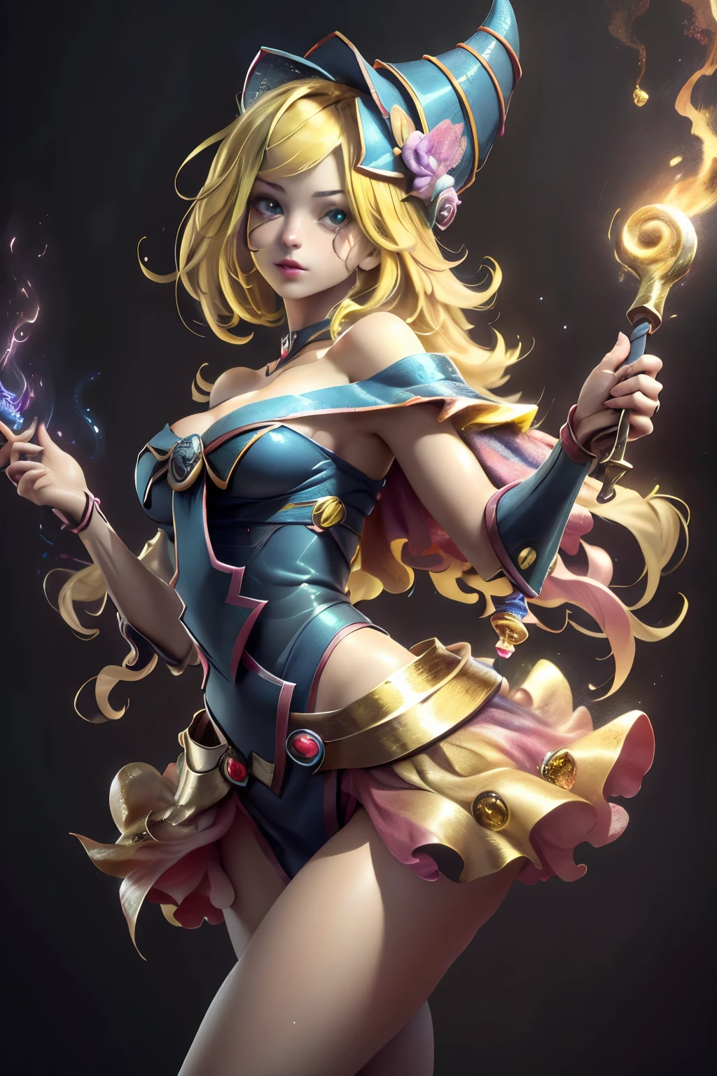 (8K,fotorrealista raw photography the highest quality;1.4) (1chica en) Super belleza (cara realista) cuerpo femenino (Rubia de rizos largos) Hold a black and red magic wand Escena de combate Magic hat with black and gold exterior Beautiful expression Deslumbramiento (Piel de aspecto real) (Giles magos oscuros) tentador super high resolution Un hiperrealista Alto detalle foto de cuerpo completo restos