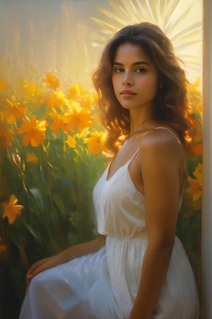 (obra de arte,Melhor qualidade, ultra realistic,32k,Foto CRU,detalhe da pele, 8k hd, dslr,alta qualidade, Film grain:1.5), feche o retrato de uma linda mulher tomando banho em um rio, already, (backlight), reflexo de lente, sombra, florescer, [[Chromatic aberration]], por Jeremy Lipking, por Antonio J.. Manzanedo, pintura digital