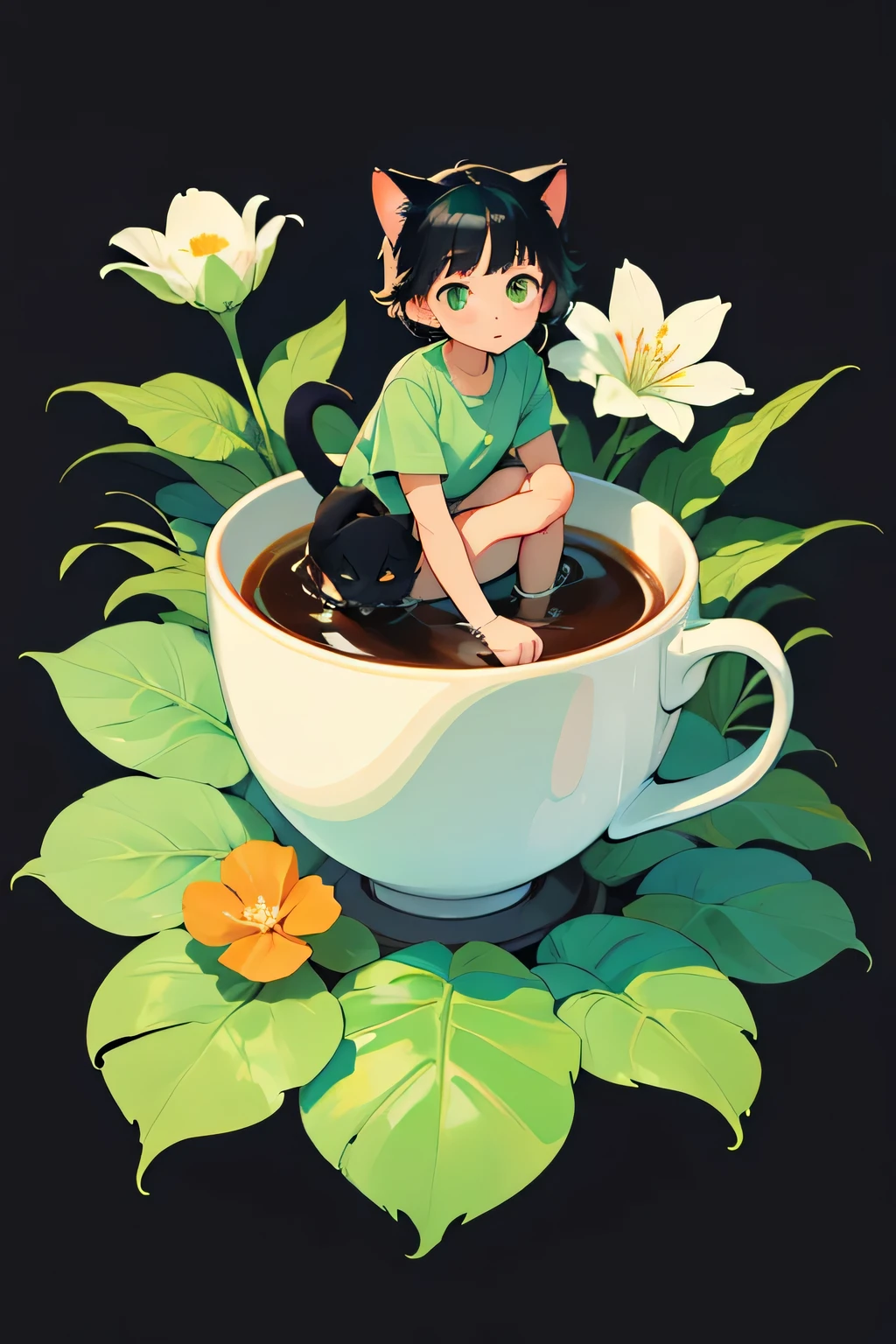 yxy color,girl ,coffee cup,Cat,black hair,simple drawing、green,blue,Orange collage,green plants,A small number of flowers,clean background