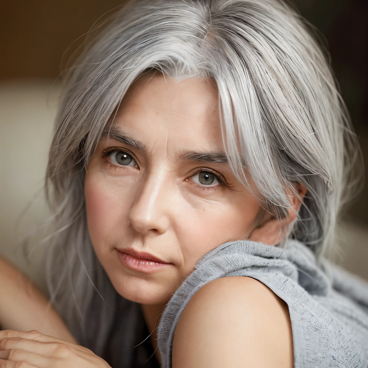 Girl with gray hair and prickly skin, ojos azabache con una camisa gris sentada en la cama estilo realista