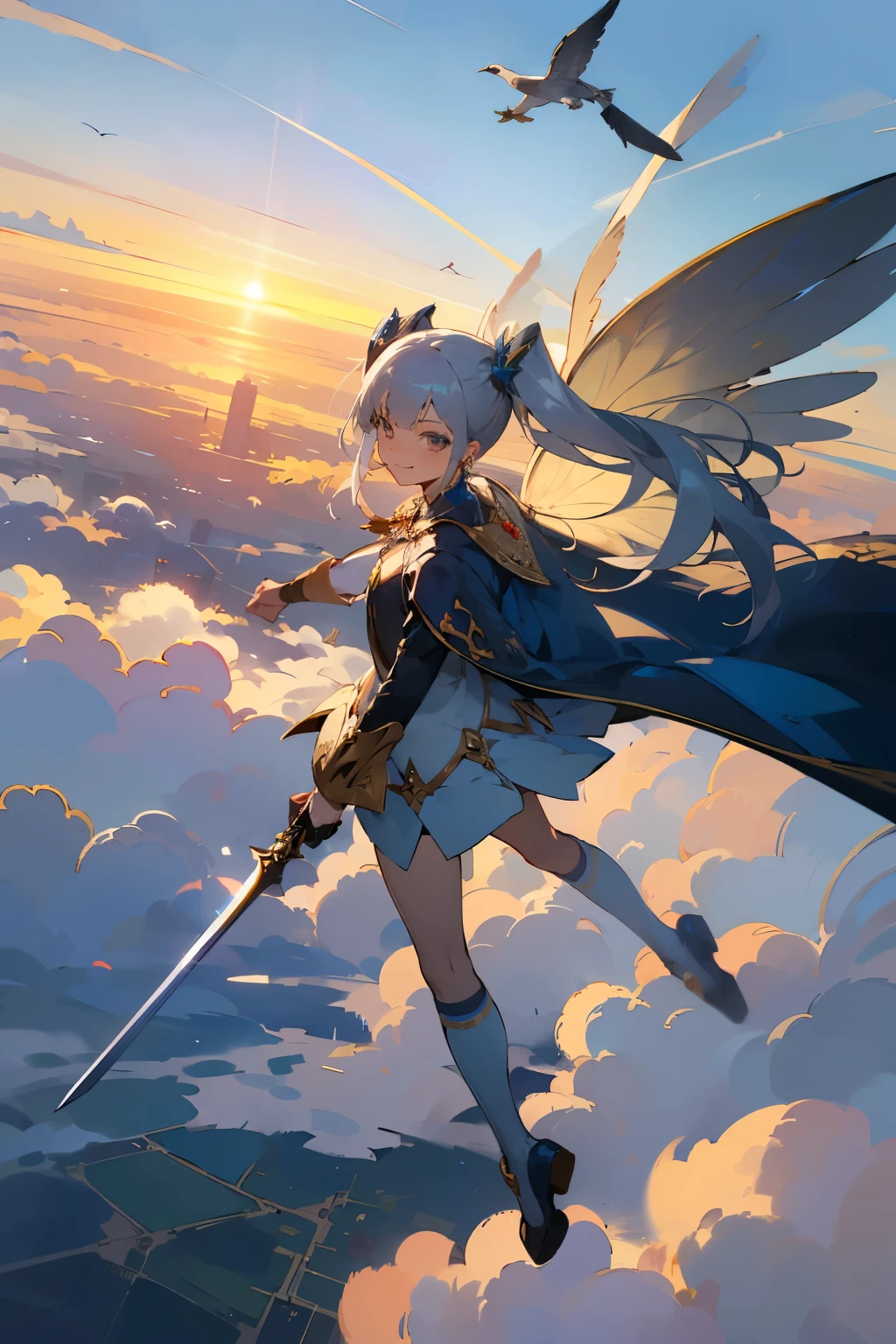 anime,multiple people,silver hair, twin tails, long coat,blue sky background, masterpiece,Not real,wings on the back(masterpiece,highest quality,super detailed),software,fairy tale,goblin,flat chest,wings on the back,transparent skin,[:elf ears:0.7],very long hair,(jewelry/accessories:1.4),goblin wings,dynamic pose,[baby face:bewitching face:0.5],suspicious smile,(reach out to your audience:1.2),(High resolution),(flight:1.5),fantasy world,Very high location,sunrise,blue sky,Above the Clouds,swirling,stratosphere,(bird),Depth of the bounds written,8k wallpaper,have a sword,knee socks