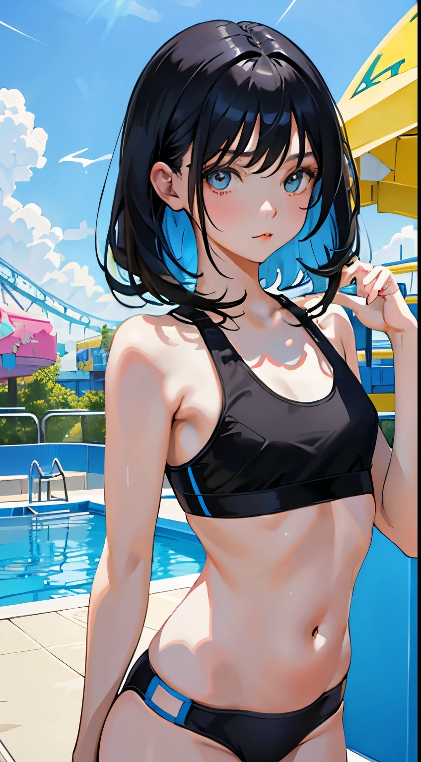 (short cute girl，small young student，young delicate girl）,（masterpiece，Top quality)，long black hair，Light blue sports bra，amusement park，pool