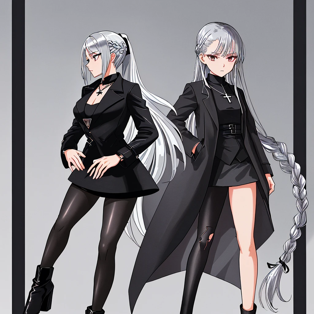 masterpiece, highest quality, very detailed hands, long silver hair, braided ponytail, black top, black long coat, black ripped pantyhose, black short skirt, black long boots, silver cross necklace