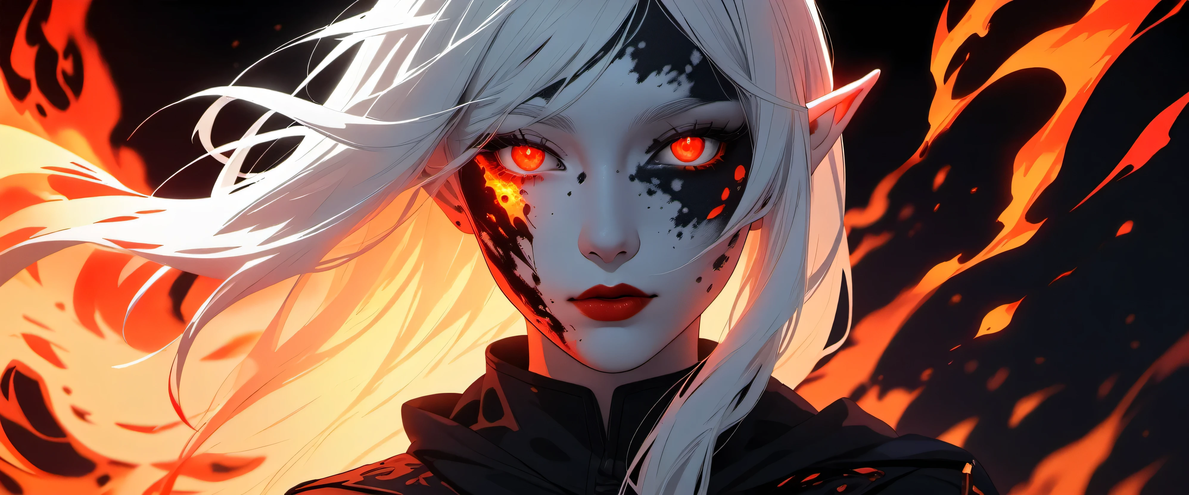 Frieren, Frieren and the Journey to the Afterlife elf girl, flowing hair, white hair, florest, red lips, looking at viewer,  detailed iris, detailed eyes, ((glowing eyes)), burn injury glowing red on her face, flaming eye, made of ([red and black]:c colors,highly detailed, 8k, sharp, professional, clear, high contrast, high saturated, , vivid deep blacks, crystal clear, (focus eyes:, (glowing flying ember on the background), simple background, blurry background, masterpiece, best quality