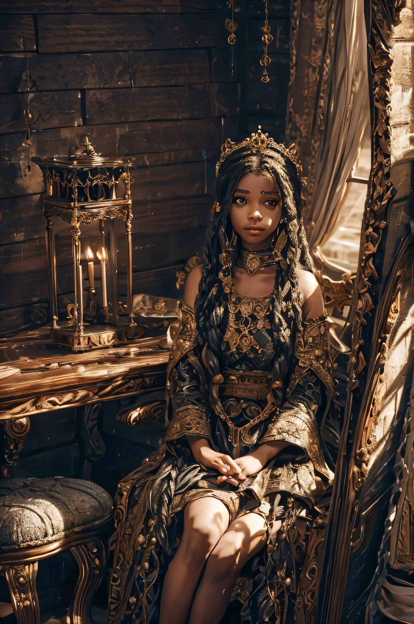 Create an image of Princess Adanna sitting alone in her chambers, surrounded by shadows. Tears glisten in her eyes as she reflects on her loneliness and loss. The room should feel somber and melancholic, with soft lighting accentuating Adanna's emotions.