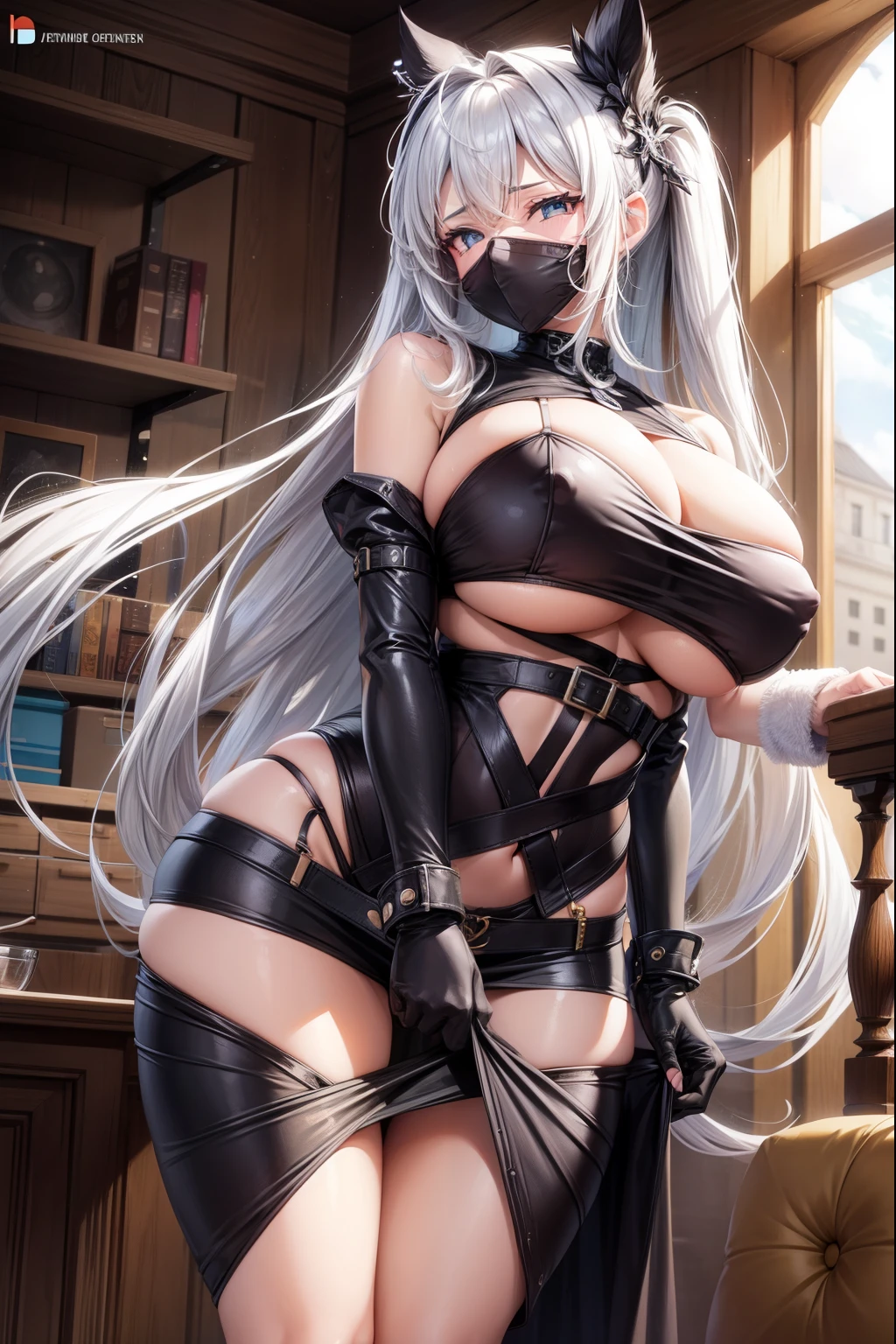 Big breasts, nipples are visible, Face covered, Big breasts, panties are visible