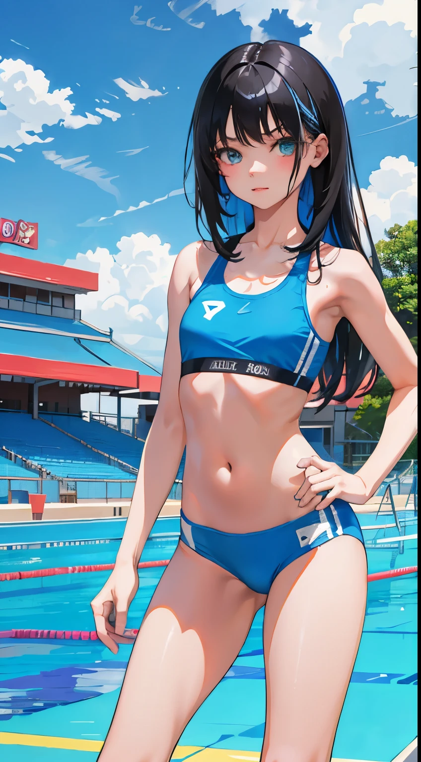 (short cute girl, young studeg delicate girl),(masterpiece,Top quality),long black hair,Light blue sports bra,amusement park,pool