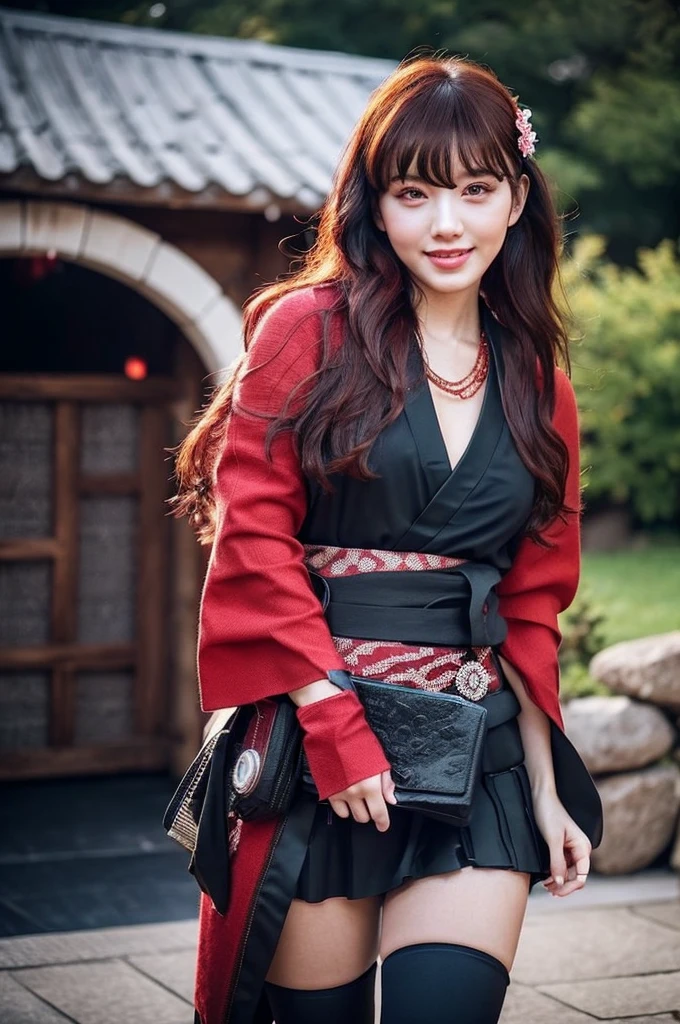 stunning girlfriend, (standing:1.1), dynamic pose, heart shaped face, elegant face, beautiful face, highly detailed face, highly detailed skin, skin pores, subsurface scattering, realistic pupils, loving smile, looking at viewer, full face blush, full lips, detailed background, depth of field, atmospheric perspective, volumetric lighting, sharp focus, absurdres, realistic proportions, good anatomy, (realistic, hyperrealistic:1.4), 16k hdr, 1girl, bangs, black_hair, black_kimono, breasts, flower, hair_between_eyes, hair_flower, hair_ornament, japanese_clothes, thighhighs kimono, long_hair, looking_at_viewer, multicolored_hair, night, stars, obi, red_eyes, red_hair, sash, evening, standing, in entrance to cave, underground pool, rocks, stars