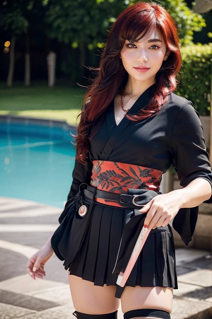 stunning girlfriend, (standing:1.1), dynamic pose, heart shaped face, elegant face, beautiful face, highly detailed face, highly detailed skin, skin pores, subsurface scattering, realistic pupils, loving smile, looking at viewer, full face blush, full lips, detailed background, depth of field, atmospheric perspective, volumetric lighting, sharp focus, absurdres, realistic proportions, good anatomy, (realistic, hyperrealistic:1.4), 16k hdr, 1girl, bangs, black_hair, black_kimono, breasts, flower, hair_between_eyes, hair_flower, hair_ornament, japanese_clothes, thighhighs kimono, long_hair, looking_at_viewer, multicolored_hair, night, stars, obi, red_eyes, red_hair, sash, evening, standing, in entrance to cave, underground pool, rocks, stars