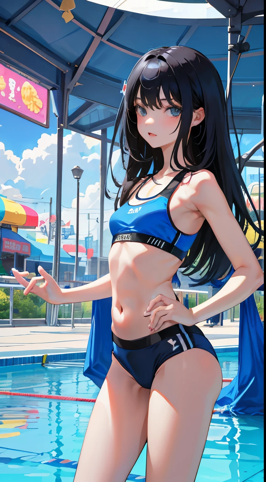 (short cute girl,small young student,young delicate girl),(masterpiece,Top quality),long black hair,Light blue sports bra,amusement park,pool