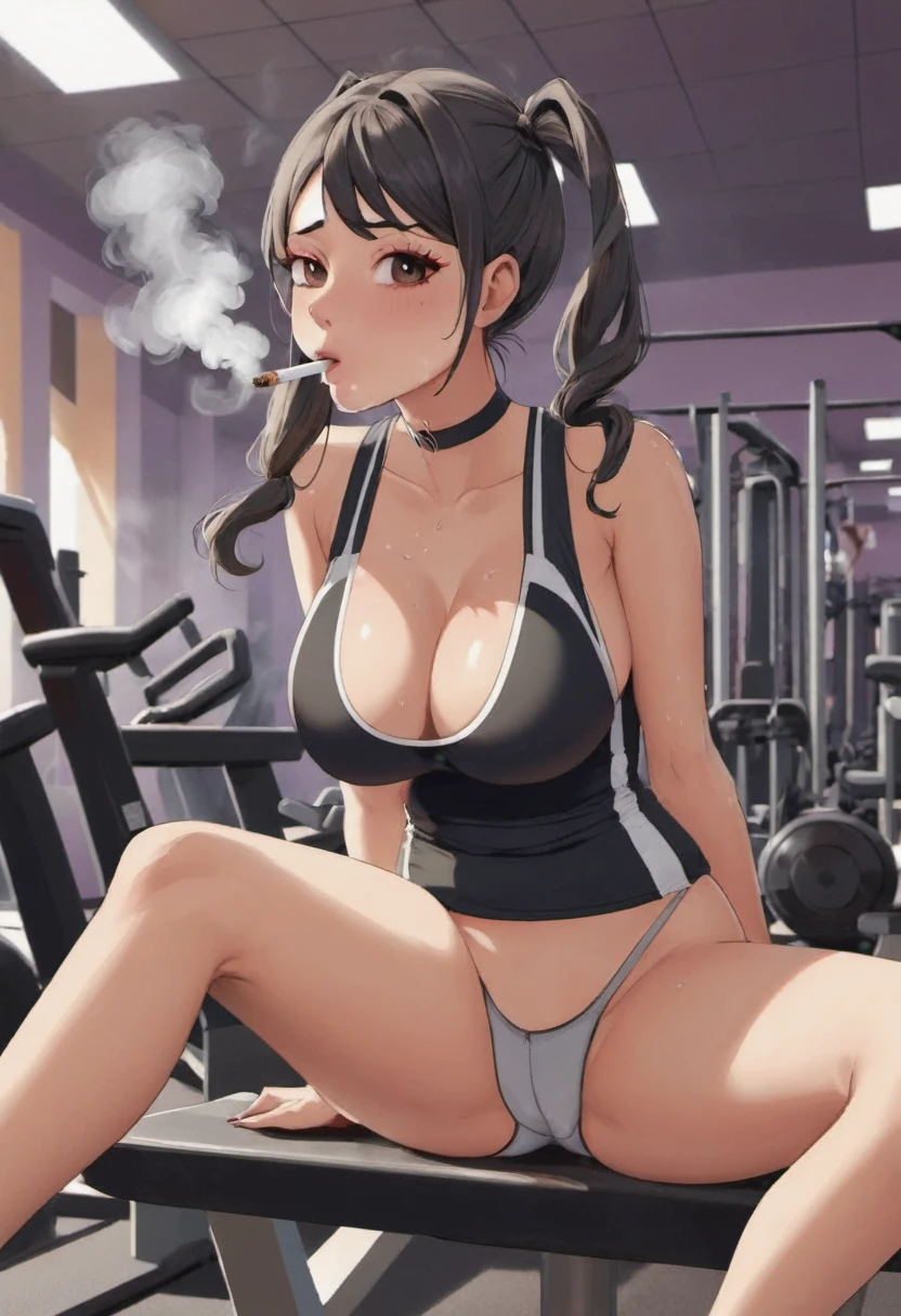 a goth girl smoking cigarettes rapidly while masturbating, the cigarette ash is very long, sucking very hard on the cigarette, gym girl, pain, agony, busty, pigtails,