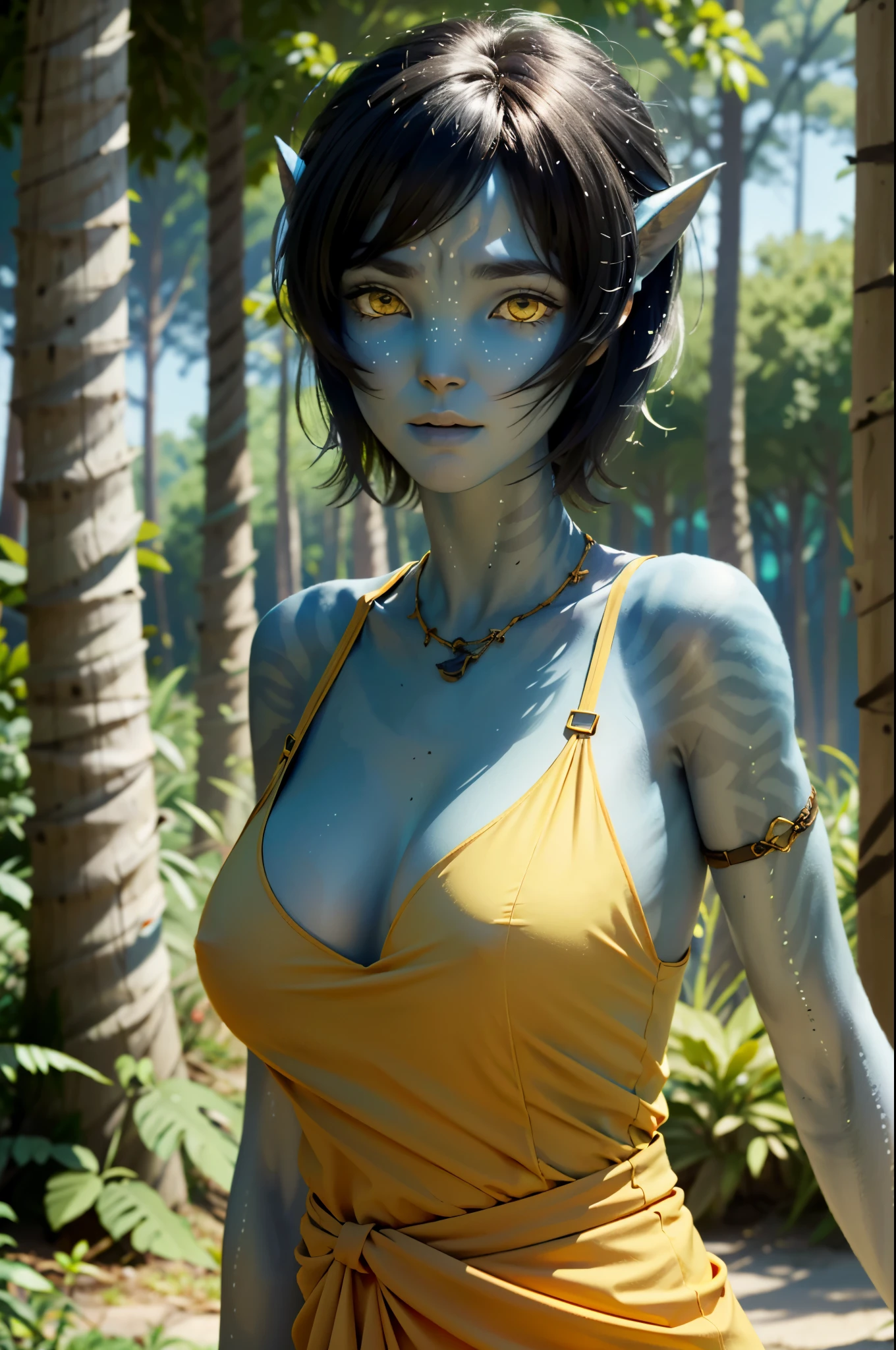 ((ultra detailed, masterpiece, absurdres))
AvKiri, 1girl, blue skin, yellow eyes, black hair, short hair, portrait, huge round breasts, perfect nipples, in the forest, thin, dress, happy