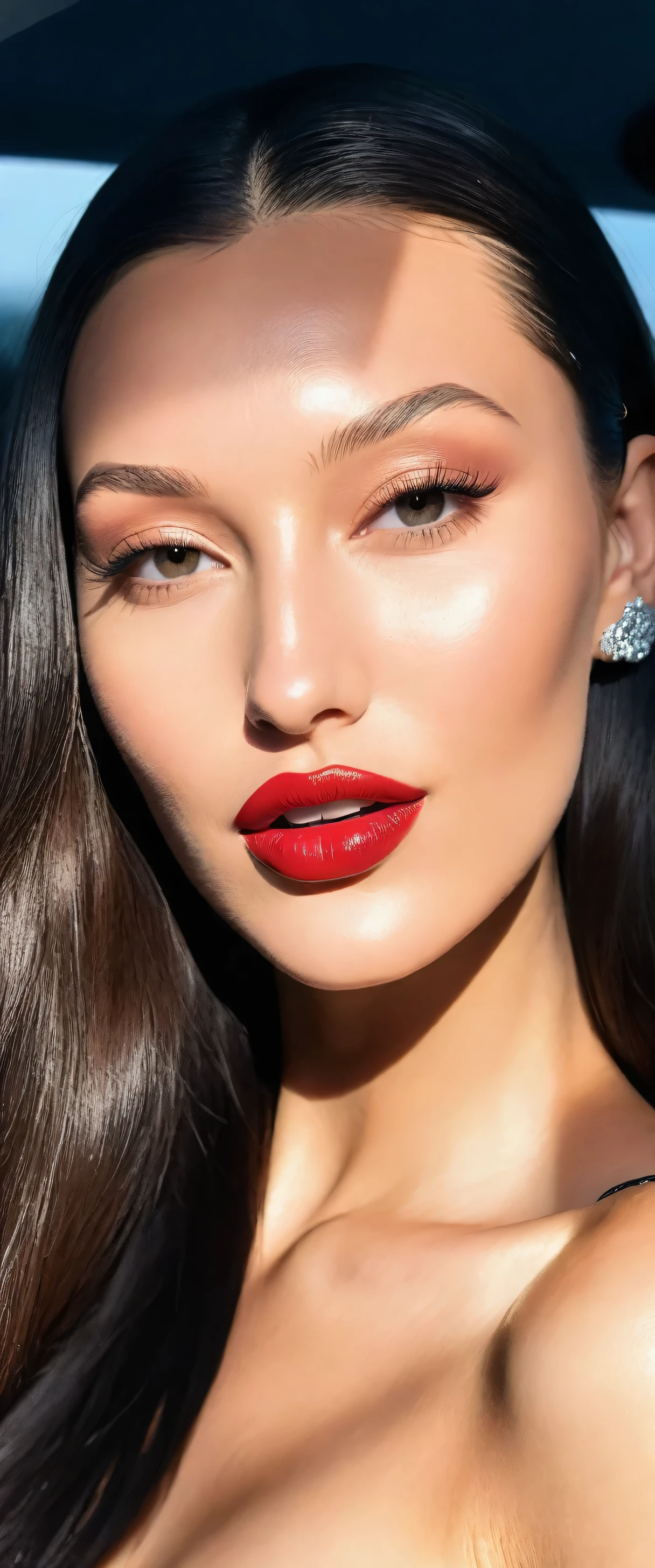 selfie 9: 16 de , rosto foto 16 anos de idade, com longos cabelos escuros sentada em um carro,
Sophie Mudd, video tiktok, Bella Poarca, Anna Nikonova aka Newmilky, Violeta Myers,
ela tem dentes brancos perfeitos, sentada no carro dela, modelo do instagram, Bella Hadid,8k,
maximum quality, detalhes intrincados, Ultra detalhe, Ultra high resolution, cell phone recording,
tamanho 9:16, filtro de tiktok, efeito de gravacao de celular, perpectiva de baixo pra cima,
motion blur, sparkle, 16k, atmospheric perspective, UHD, accurate