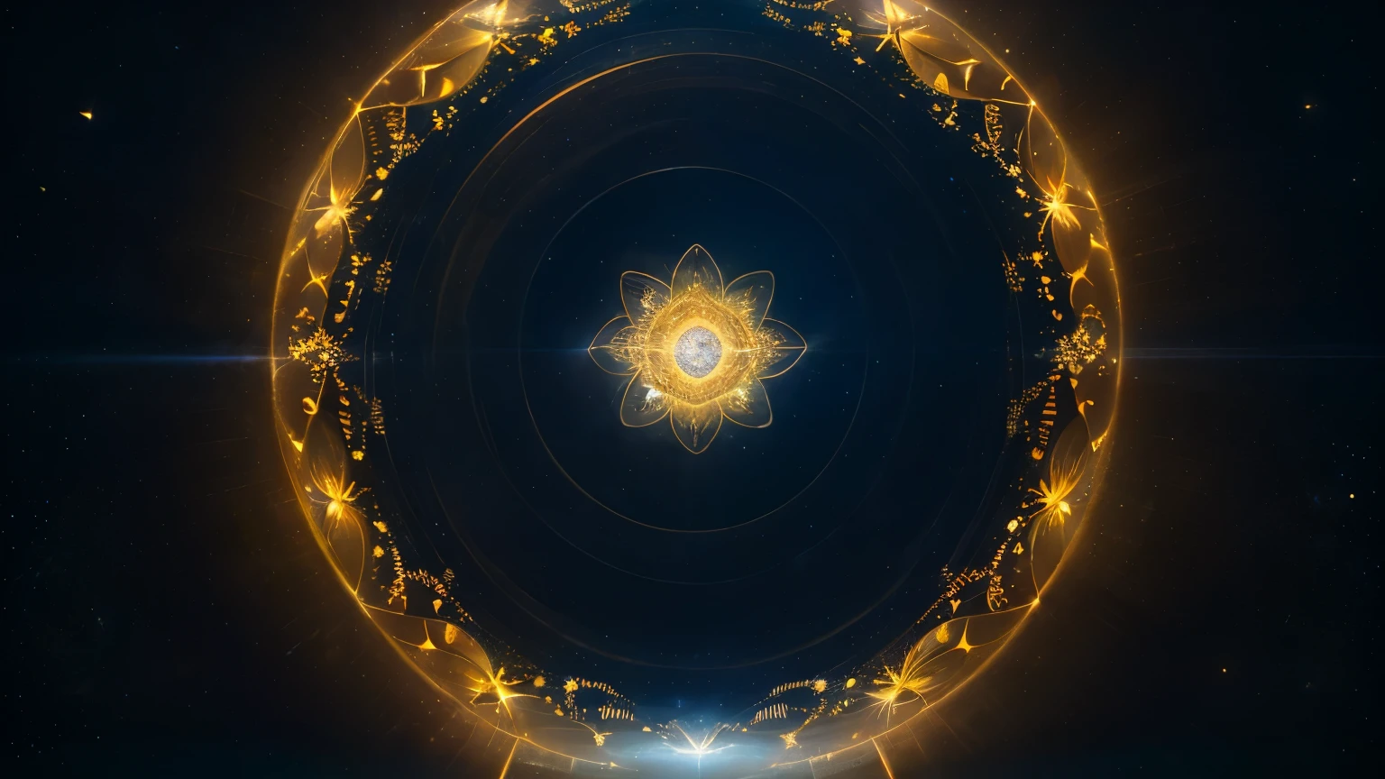 best quality, masterpiece, 8k,raw photo, photo (object), extremely detailed, raw,realistic, an ethereal sea representing the deep space. twinkling stars and subtle ripples from a central point of radiant light. in the center a bright light yellow portal and the symbol of the flower of life