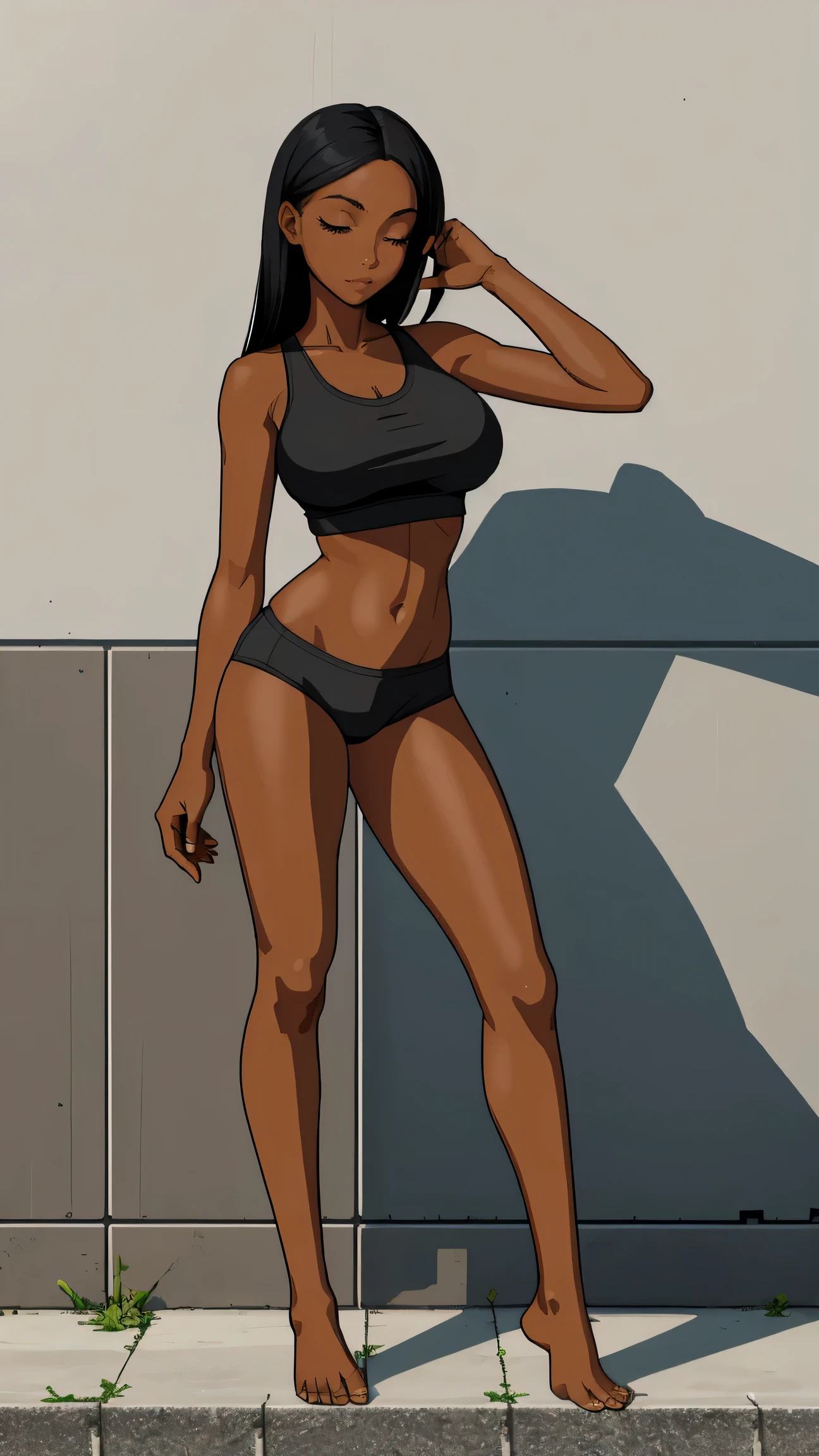 Masterpiece, best quality, high resolution, 1 woman, black skin , black hair , Close your eyes..... , black tank top , underwear , abdomen , big breasts, Long legs , Barefoot , stretch , community , attached to the wall