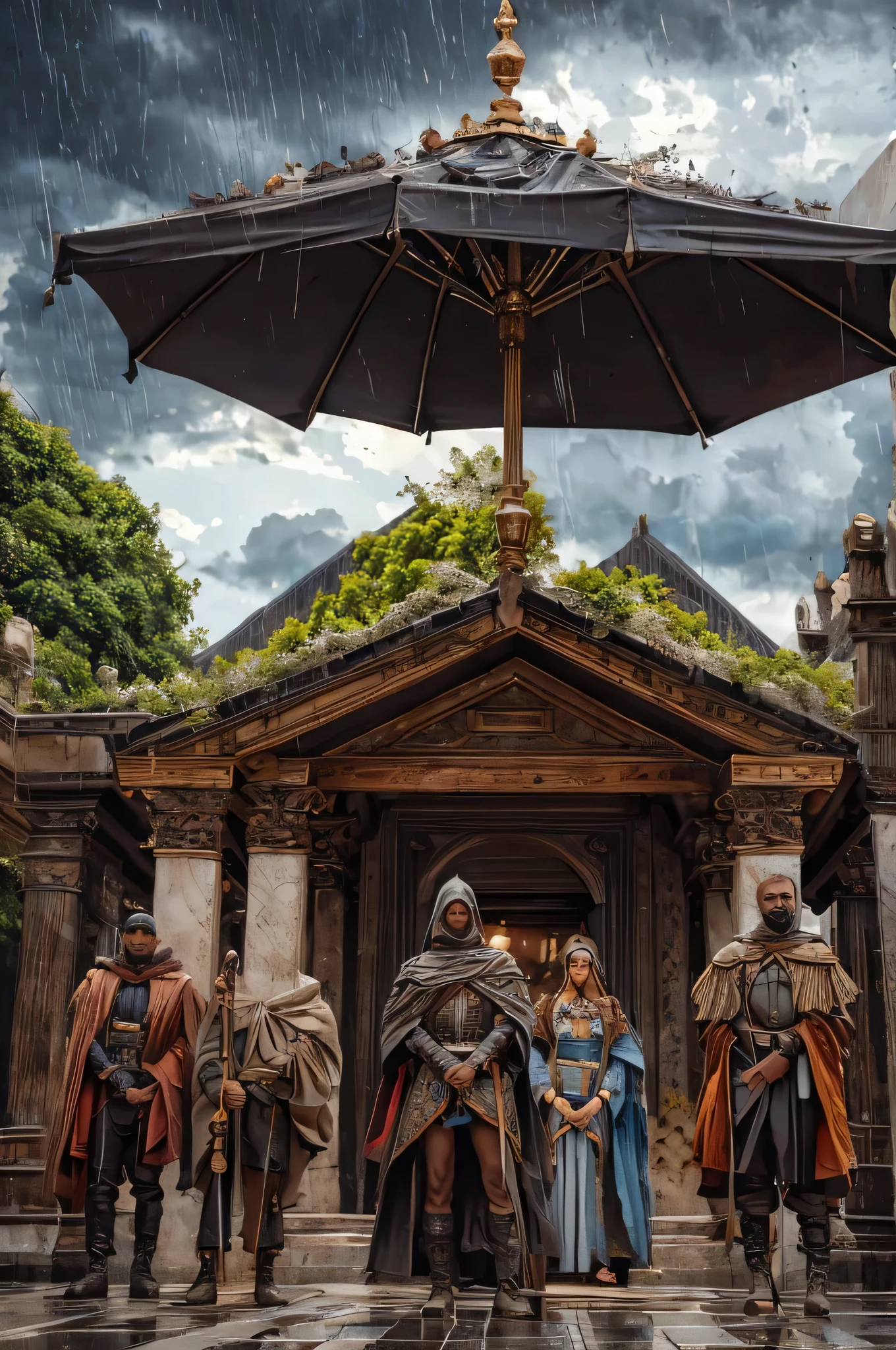  Generate an image of a group of travelers standing at the grand gates of Princess Adanna's palace. Dark storm clouds loom overhead, and rain begins to fall. The travelers should appear weary yet hopeful as they seek shelter from the approaching storm.