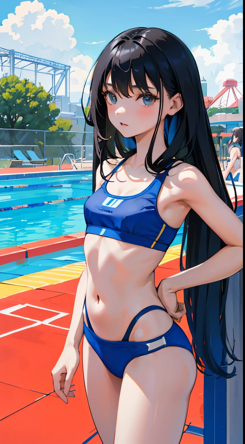 (short cute girl，small young student，young delicate girl）,（masterpiece，Top quality)，long black hair，Light blue sports bra，amusement park，pool