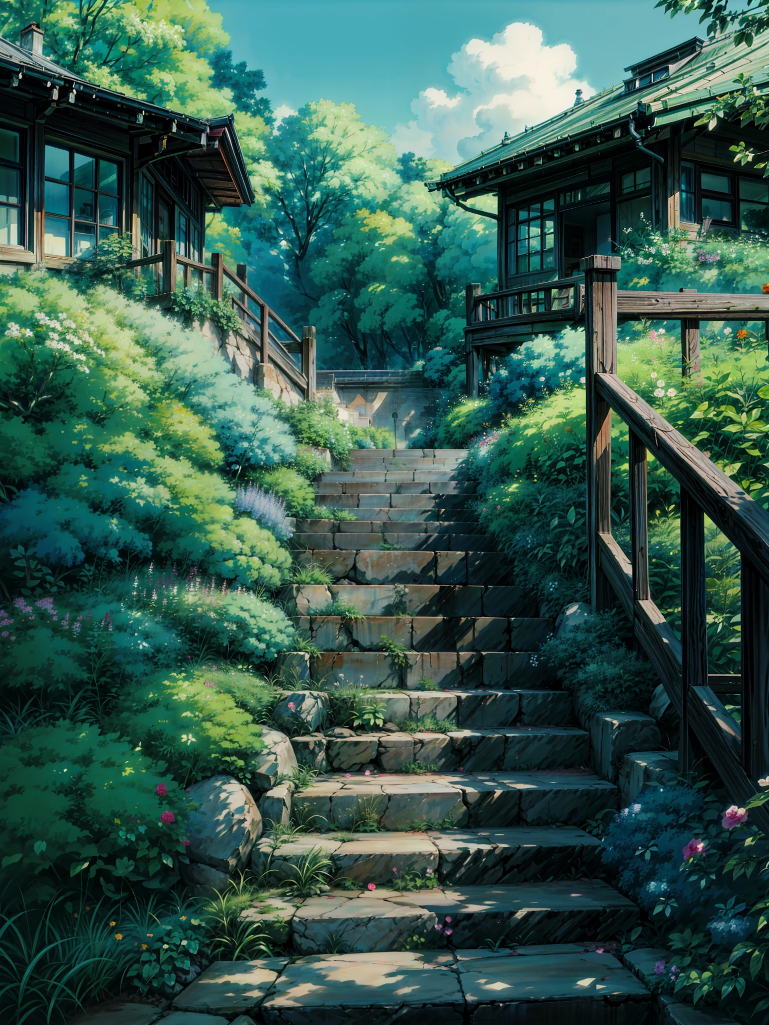 a painting of stairs leading up to the way, flowers, hanging flowers, roses, makoto shinkai. high detail, overgrowth. by makoto shinkai, by makoto shinkai, by Makoto Shinkai, anime. by makoto shinkai, studio ghibli environment, ghibli studio art, cinematic studio ghibli still, ghibli studio style, style of makoto shinkai, 4k hd,, beautiful art uhd 4 k, a beautiful artwork illustration, beautiful digital painting, highly detailed digital painting, beautiful digital artwork, detailed painting 4 k, very detailed digital painting, rich picturesque colors, gorgeous digital painting