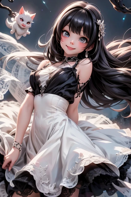 a cute demon girl smiling floating in the air, lace cloth gothic dress, at night, playful pose of a dancer, creepy, horror style