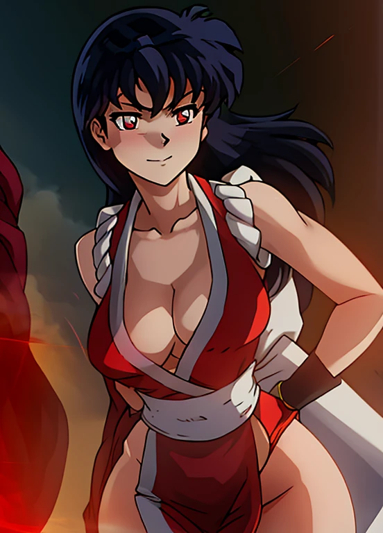 masterpiece, best quality, Kagome Higurashi, 25 years old, large breasts, cleavage, very busty, big hips, She stands tall while wearing a red Kunoichi dress, pelvic curtain, arm guards and gloves. she's looking directly at the camera with an confident smirk. Her gaze is both alluring and fierce. Perfect Anatomy,(Professional Lighting), 4k textures, raw photo, epic artistic, photoreal art, sharp focus, even lighting, insane details, intricate details, hyperdetailed, rich colors
