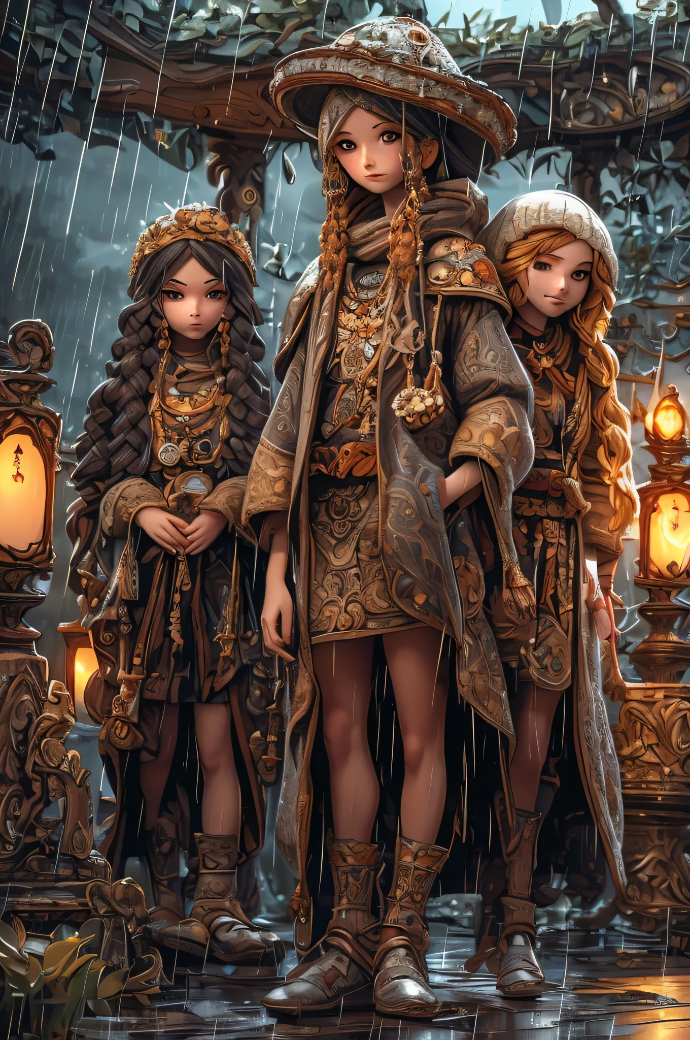 Generate an image of a group of travelers standing at the grand gates of Princess Adanna's palace. Dark storm clouds loom overhead, and rain begins to fall. The travelers should appear weary yet hopeful as they seek shelter from the approaching storm.