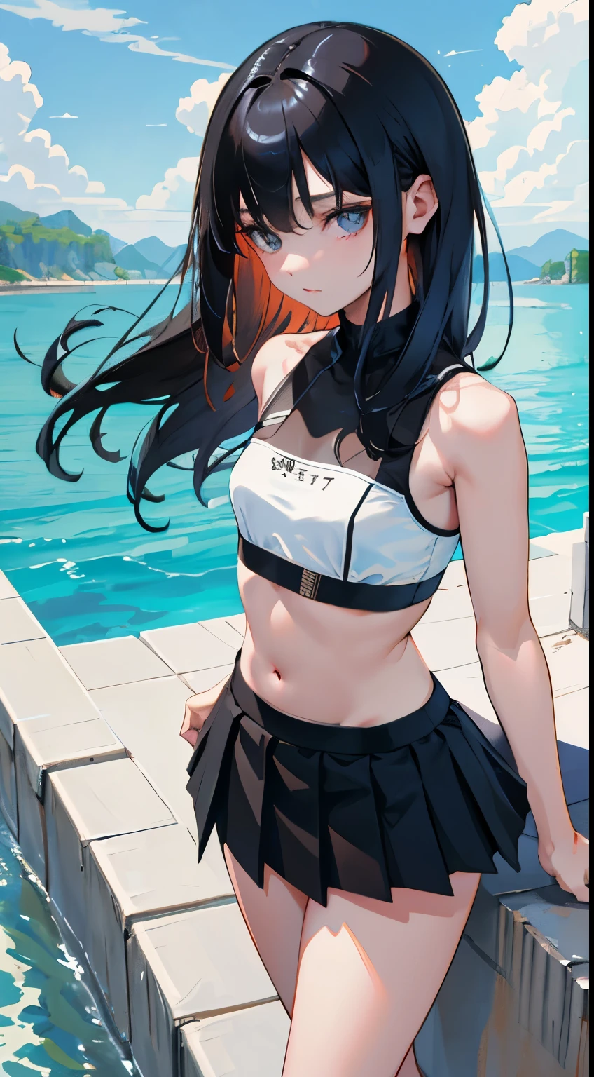 (short cute girl,small young student,young delicate girl),(masterpiece,Top quality),long black hair,Light blue sports bra,black pleated skirt,riverbank
