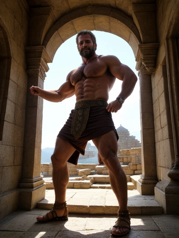 (Masterpiece) A very detailed, intricate, epic fantasy, colorful, full body, slight angle, man, 40 years old, hunk, hulking, brawny, ankle wraps, very hairy chest, very masculine, handsome and attractive man, dynamic action poses, skimpy revealing outfit, receding hairline, smirk, mercenary, blades, big ancient city gates, pointing away, depth of field, particle effects, high quality shadows