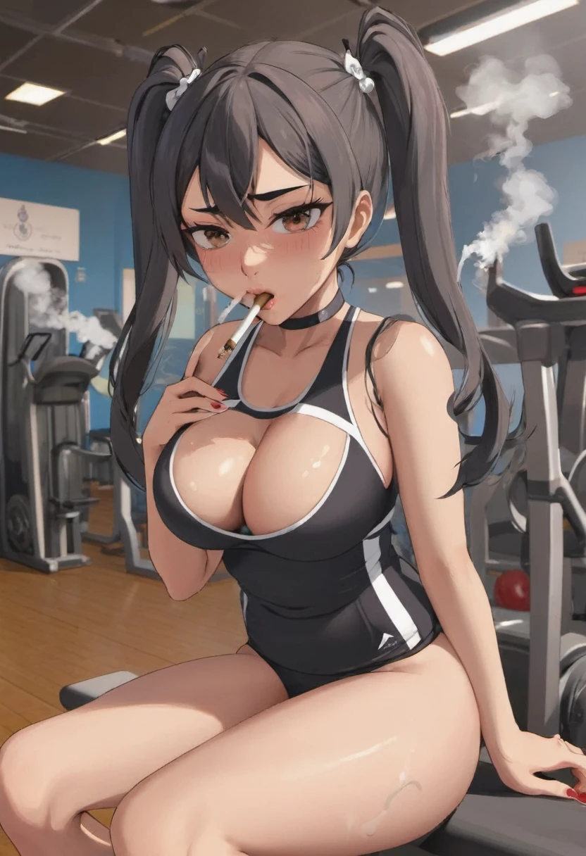 a goth girl smoking cigarettes rapidly while masturbating, the cigarette ash is very long, sucking very hard on the cigarette, gym girl, pain, agony, busty, pigtails,