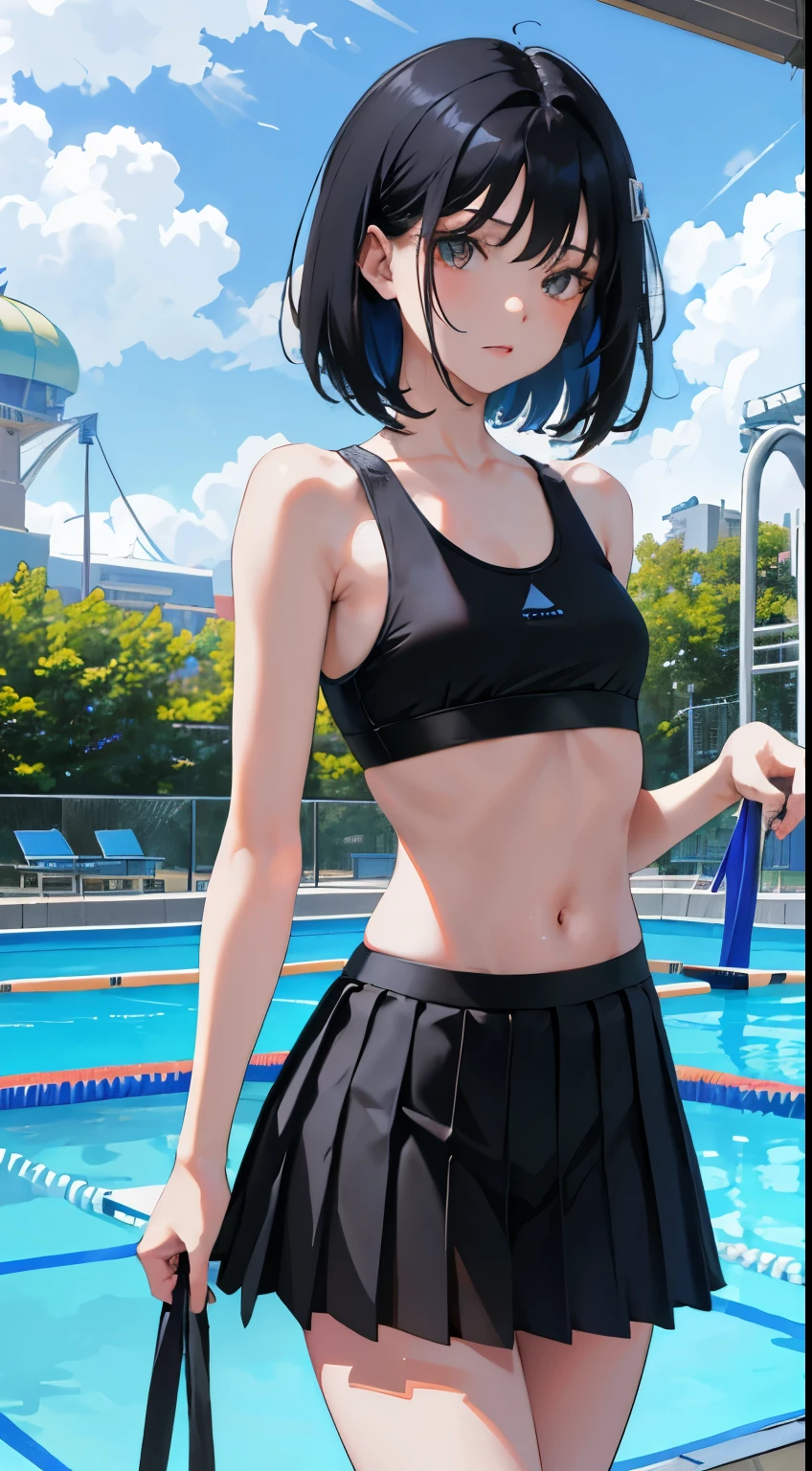 (short cute girl,small young student,young delicate girl),(masterpiece,Top quality),long black hair,Light blue sports bra,black pleated skirt,amusement park,pool