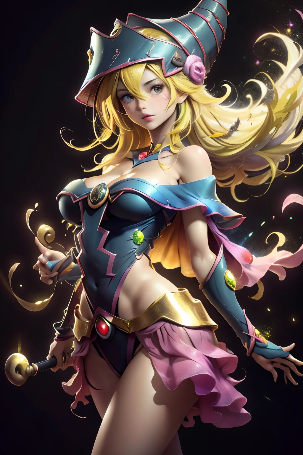 (8K,fotorrealista　raw photography　the highest quality;1.4) 　(1chica en)　Super belleza　(cara realista)　cuerpo femenino 　(Rubia de rizos largos)　Hold a black and red magic wand　Escena de combate　Magic hat with black and gold exterior　Beautiful expression　Deslumbramiento　(Piel de aspecto real)　(Giles magos oscuros)　tentador　super high resolution　Un hiperrealista　Alto detalle　foto de cuerpo completo　restos