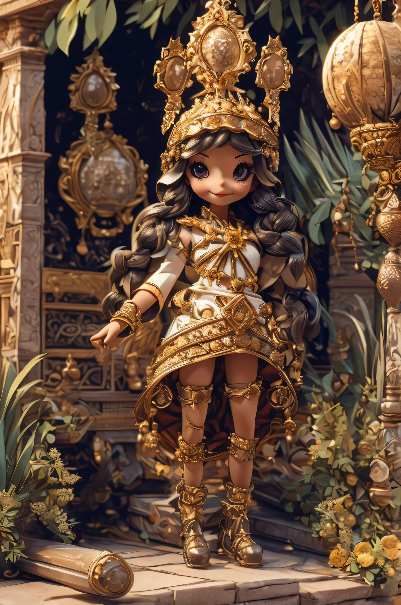 Illustrate Princess Adanna standing at the entrance of her palace, welcoming the travelers with open arms. She has a warm and inviting expression as she gestures for them to enter. The palace should be grand and inviting, with light spilling out from within.