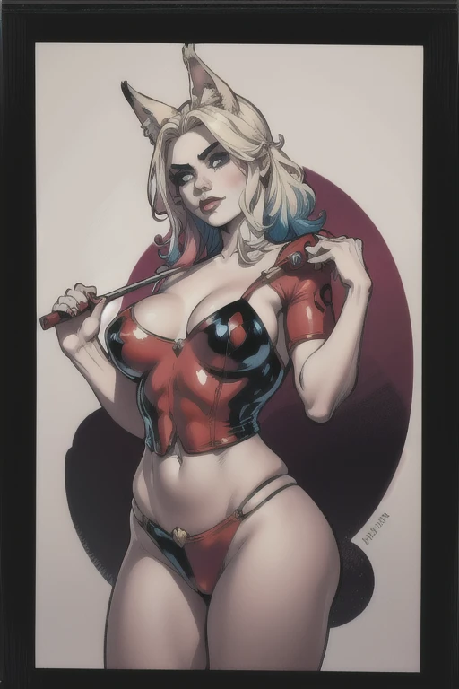 cute Harley, cabelo loiro, olhos castanhos, rabo de cavalo, red swimsuit shirt, seios grandes, seios gordos, fox mask, fones de ouvido, barriga, arco de cabelo,
standing,
Loja de Donuts, dentro de casa, (fundo detalhado da praia), obra de arte, Melhor qualidade, Salva-vidas_compassion, preto_shorts, olhos azuis,
(incrivelmente detalhado, lindo rosto detalhado,lindos olhos detalhados, obra de arte, Melhor qualidade),Sozinho, ""