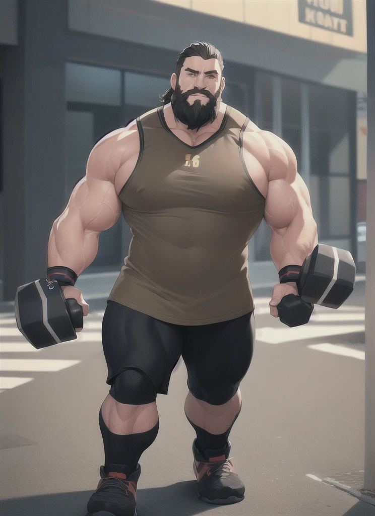full body (muscular:1.4) (massive:1.4) (obse:0.7) athlete walking at street, sleeveless shirt, beard, octane render, Insanely Detailed 8k