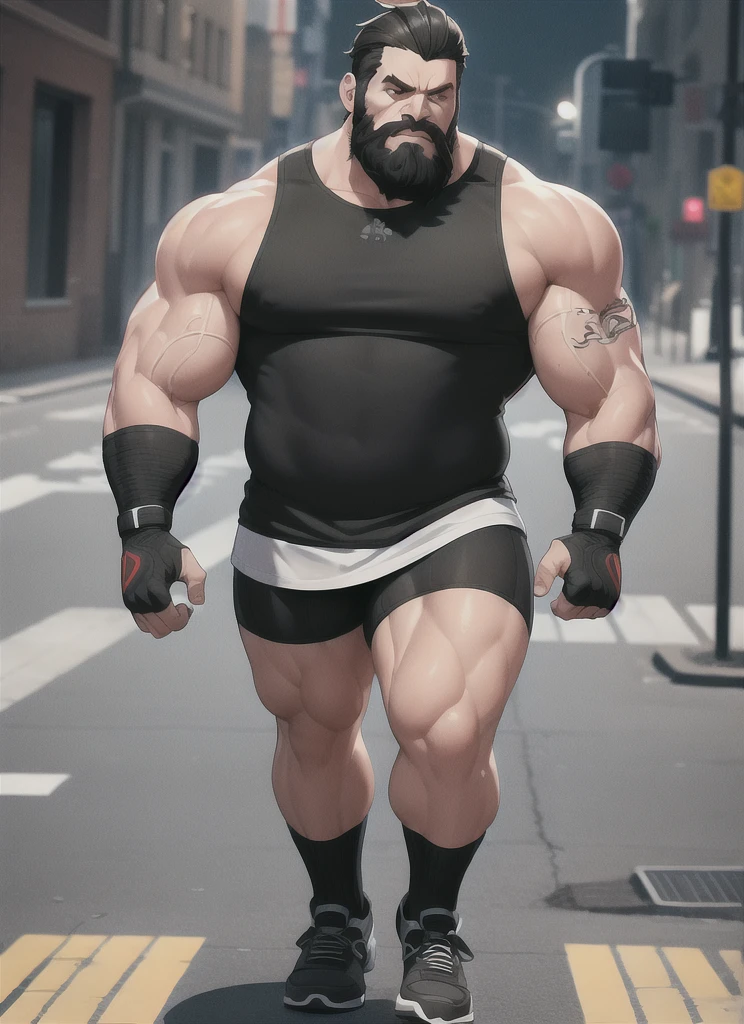 full body (muscular:1.4) (massive:1.4) (obse:0.7) athlete walking at street, sleeveless shirt, beard, octane render, Insanely Detailed 8k