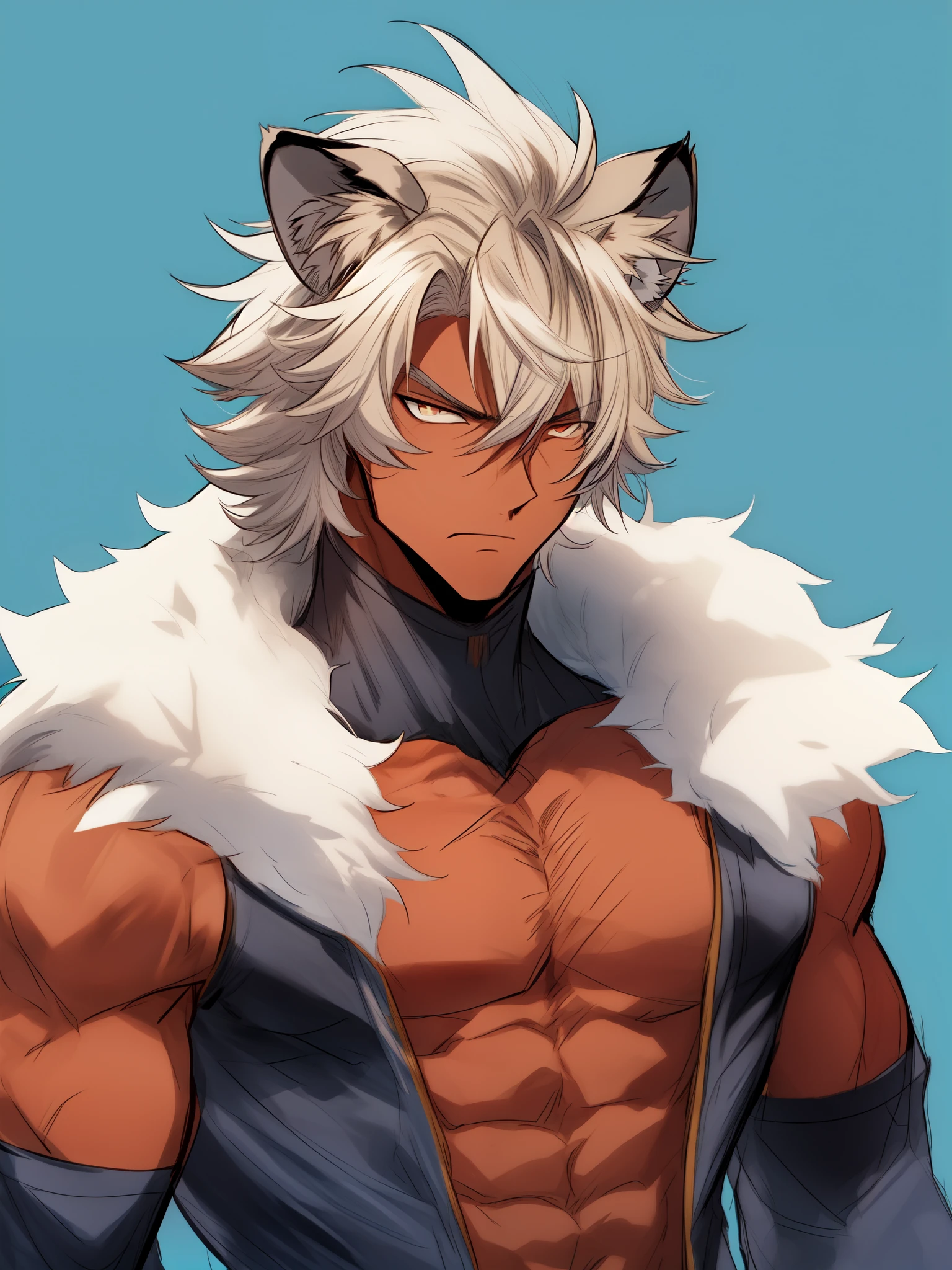 ((lion ears)), ((fur trim clothing)), ((animal print)), ((dark skin)), ((serious expression)), ((king of beasts)), ((muscular)), ((muscles)), ((muscular build)), (((complementary colors))), ((mature male)), 1boy, beautifully drawn, high resolution illustration, best quality, High definition, ((detailed anime sketch)), Masterpiece, (solo), absurdres, portrait, ((upper body)), ((wild hair)), detailed background, fine detail, male focus, HDR, ((short hair))