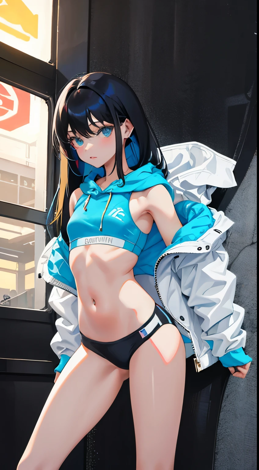 (short cute girl,small young student,young delicate girl),(masterpiece,Top quality),long black hair,colorful hoodie,Light blue sports bra