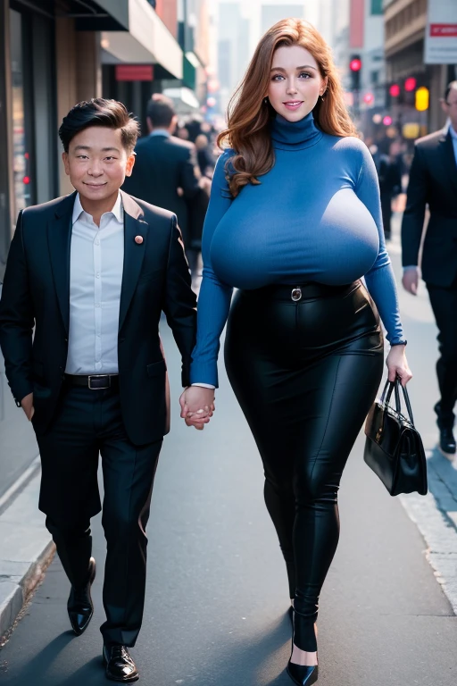 A 35 years old CEO, walking in the city, ((a 8- boy walking next to her and holding her hand)), the CEO has a face like Anna Kendrick, wearing a light blue turtleneck top, business trousers, high heels, ((huge saggy breast)), (slim waist), (full person view, from head to toe), the CEO is smiling to the 8-years old