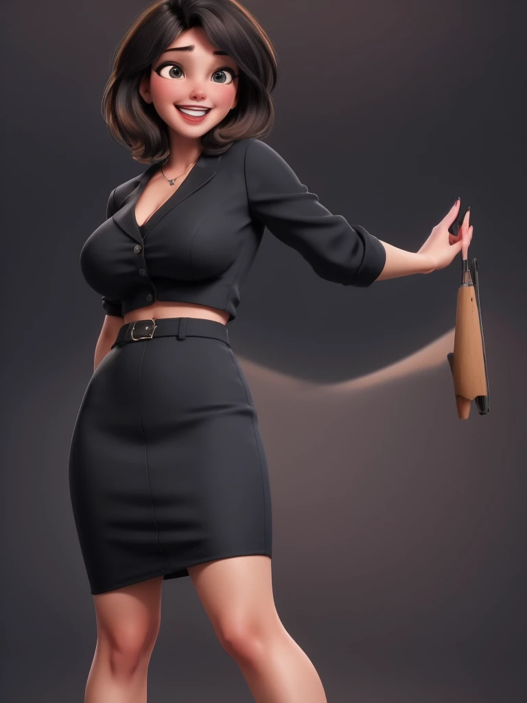 Young in innocent girl, masterpiece, (solo:1.1), sexy, office, heels, pencil skirt, brunette, black hair, perfect beautiful face, big candid smile, open mouth.