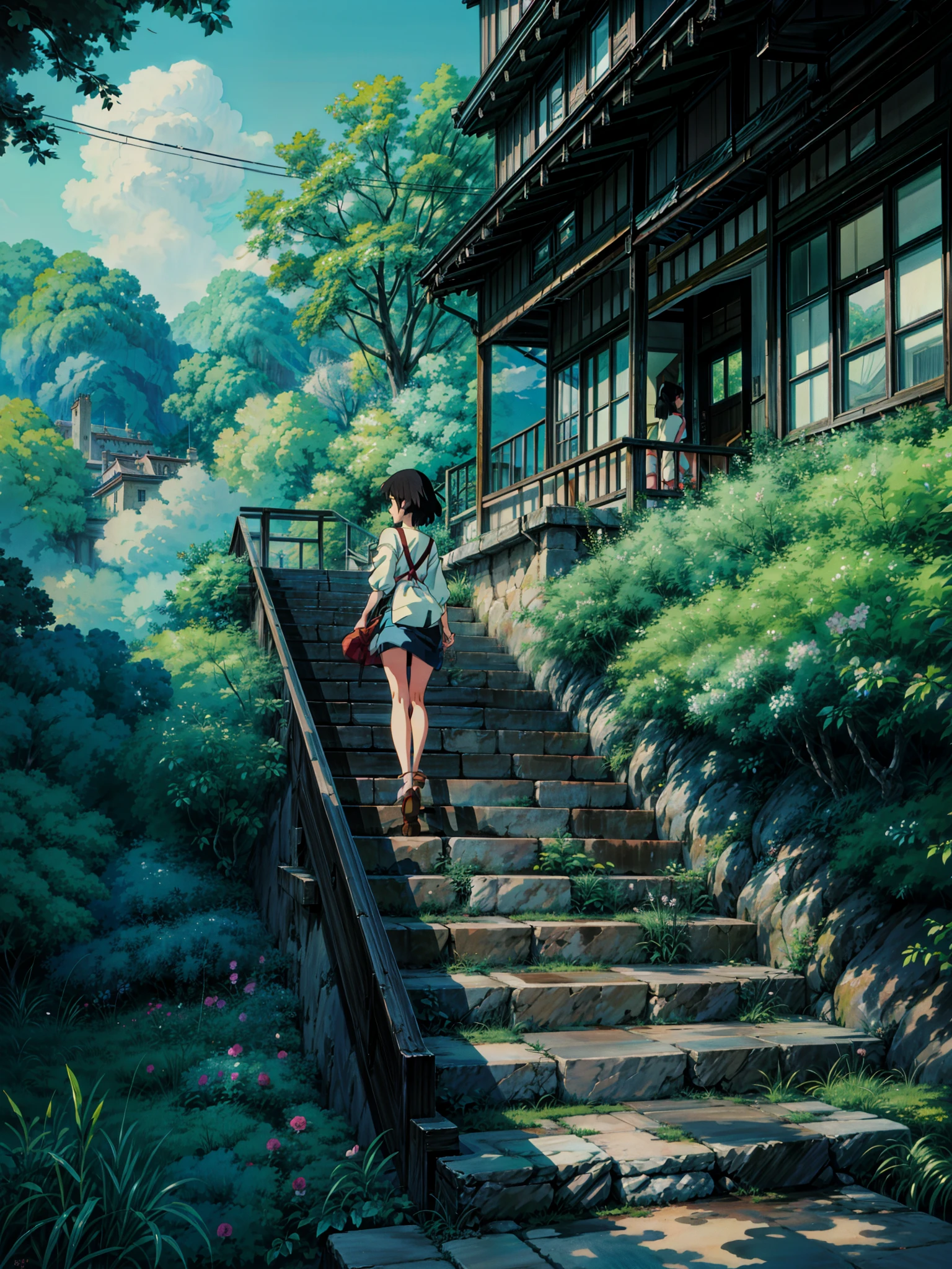 a painting of stairs leading up to the way, flowers, hanging flowers, roses, makoto shinkai. high detail, overgrowth. by makoto shinkai, by makoto shinkai, by Makoto Shinkai, anime. by makoto shinkai, studio ghibli environment, ghibli studio art, cinematic studio ghibli still, ghibli studio style, style of makoto shinkai,  4k hd,, beautiful art uhd 4 k, a beautiful artwork illustration, beautiful digital painting, highly detailed digital painting, beautiful digital artwork, detailed painting 4 k, very detailed digital painting, rich picturesque colors, gorgeous digital painting