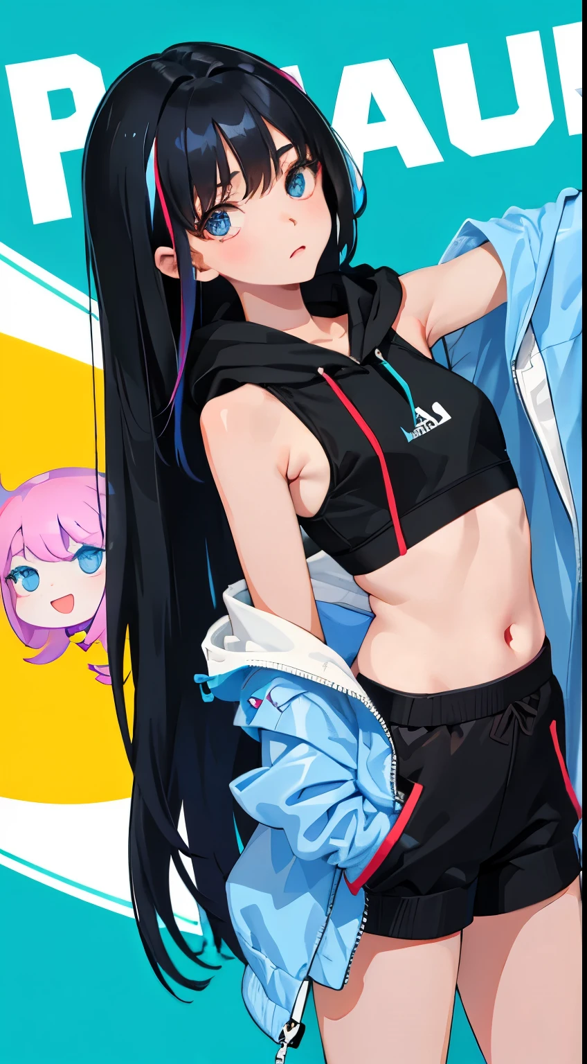 (short cute girl,small young student,young delicate girl),(masterpiece,Top quality),long black hair,colorful hoodie,Light blue sports bra