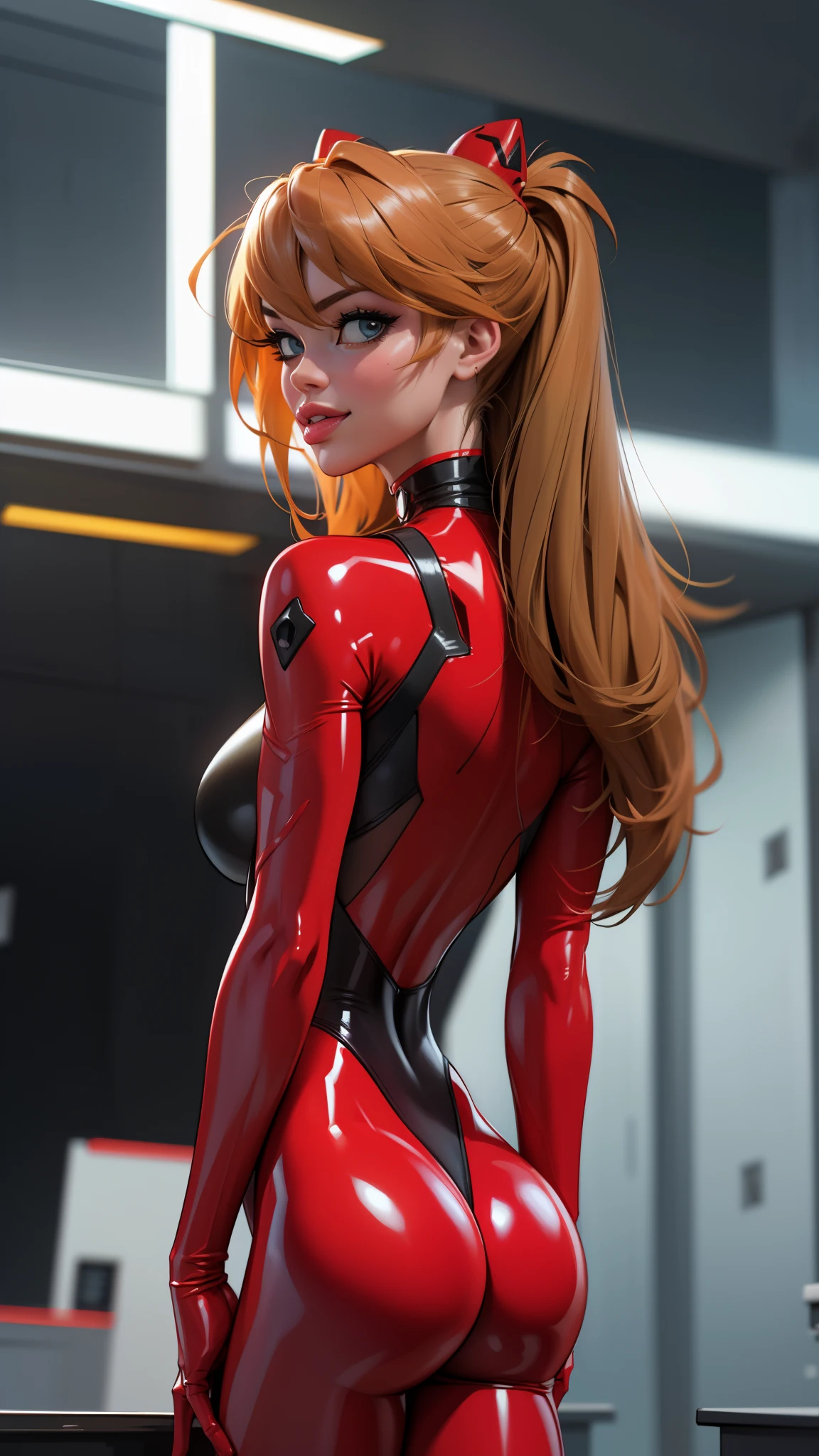 Asuka langley evangelion, a stunning young woman, beautiful, cute, full lips, image from behind girl, looking back to viewer, bending at the waist, happy, horny, (spreading butt cheeks with hands:1.0), trendy attire, wearing red latex leotard, realistic, super detail, ((masterpiece)), (cinematic lighting), ((dark lighting)), large perky breasts, huge thigh gap, thin body, lean body, fit butt, bare butt cheeks